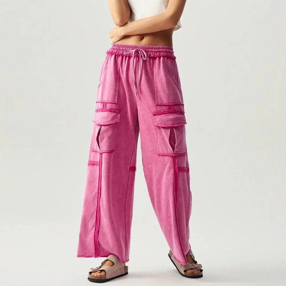 Hot Pink Casual Women's Vacation Knit Pocket Wide Leg Pants - Picture 1 of 8